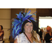 A woman wearing a large hat with dark blue, light blue, and black feathers