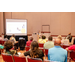 A crowd listening and watching a woman giving a presentation.