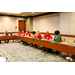 Eight individuals sitting on one side of a u-shaped table.